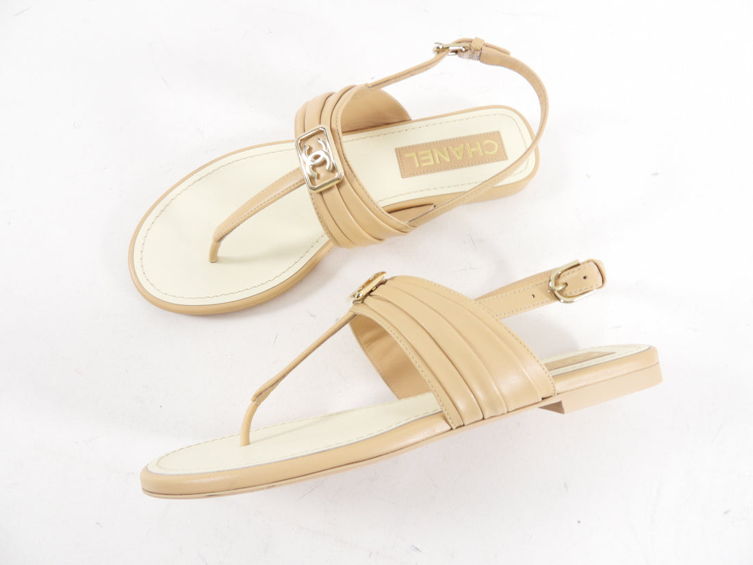 Chanel Beige Leather CC Logo Thong Sandals - 37.5 C