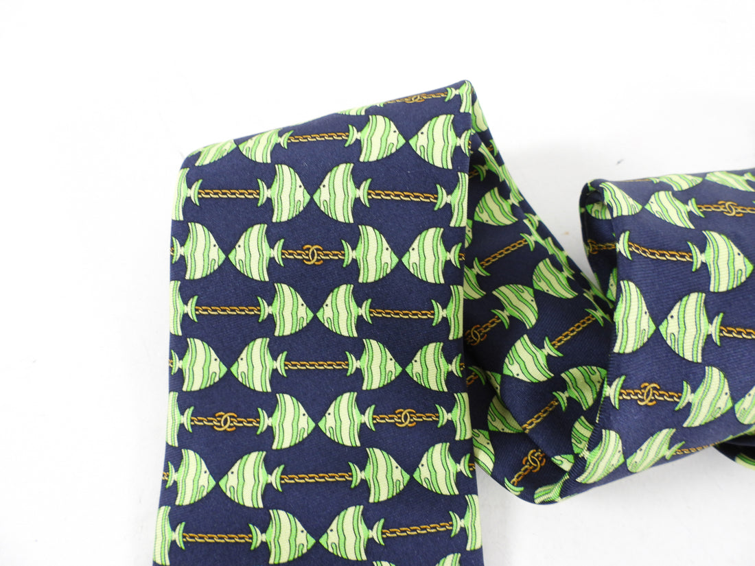 Chanel Green and Navy Tropical Fish Silk Tie