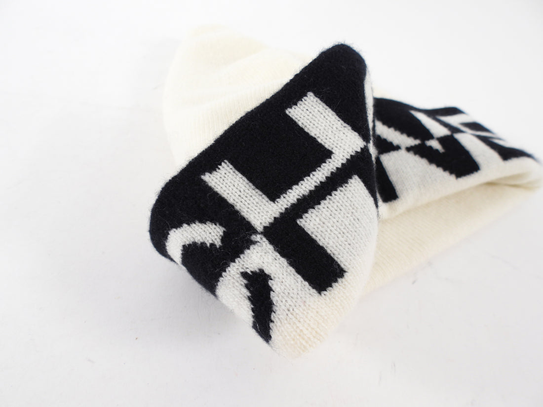 Chanel White and Black Logo Knit Cashmere Beanie Hat