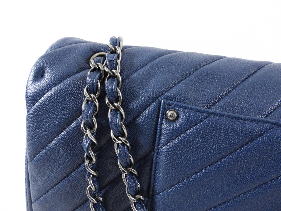 Chanel Navy Blue Chevron Quilted XXL Travel Flap Bag