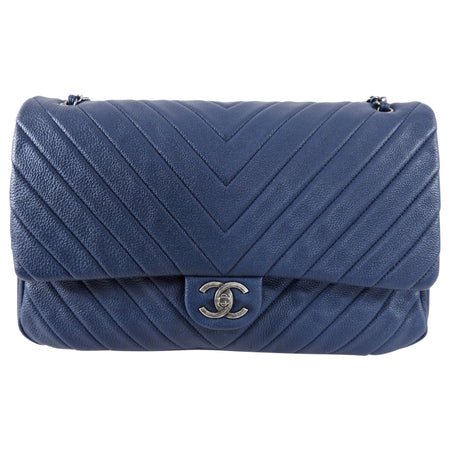 Chanel Navy Blue Chevron Quilted XXL Travel Flap Bag