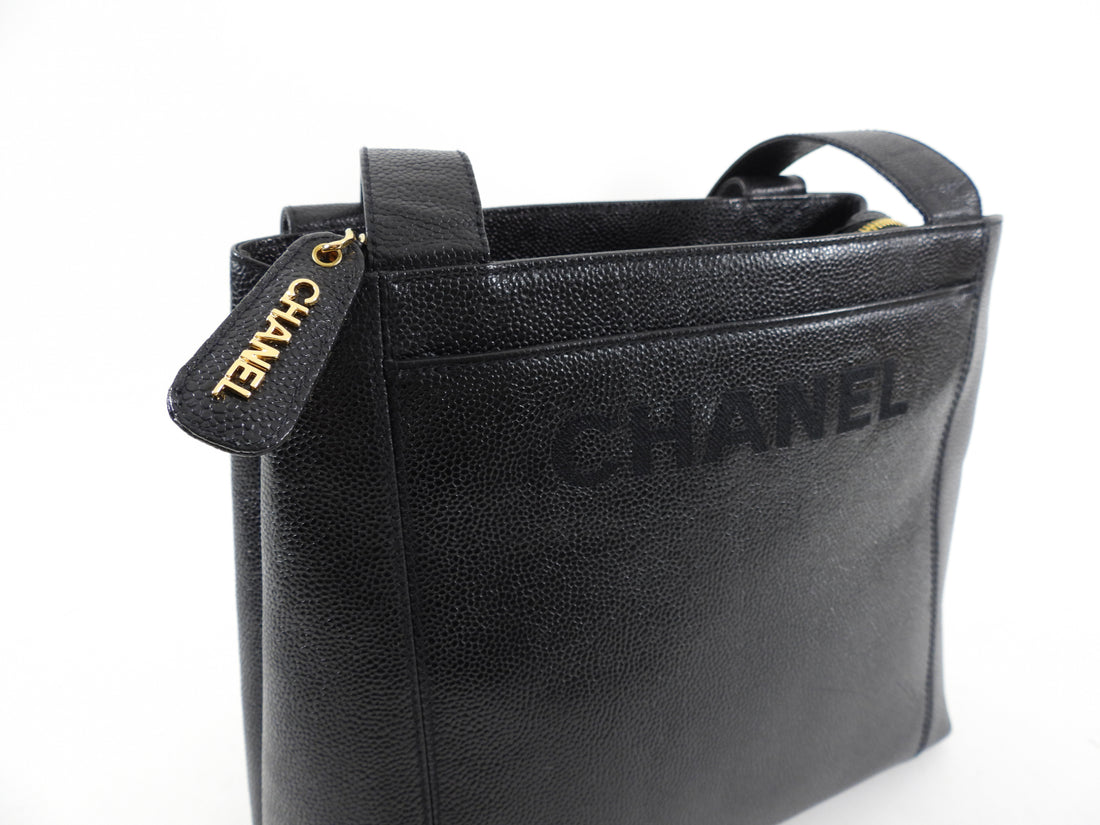 Chanel Vintage 1996-7 Black Caviar Leather Embroidered Logo Small Tote Bag