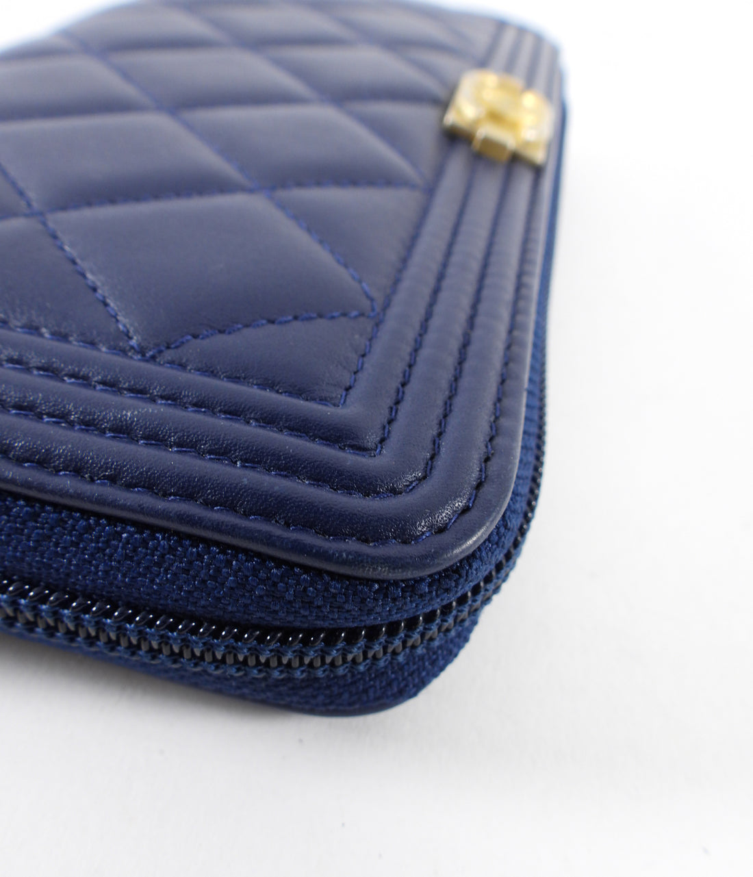 Chanel Dark Blue Lambskin Quilted Boy Zip Around Continental Wallet