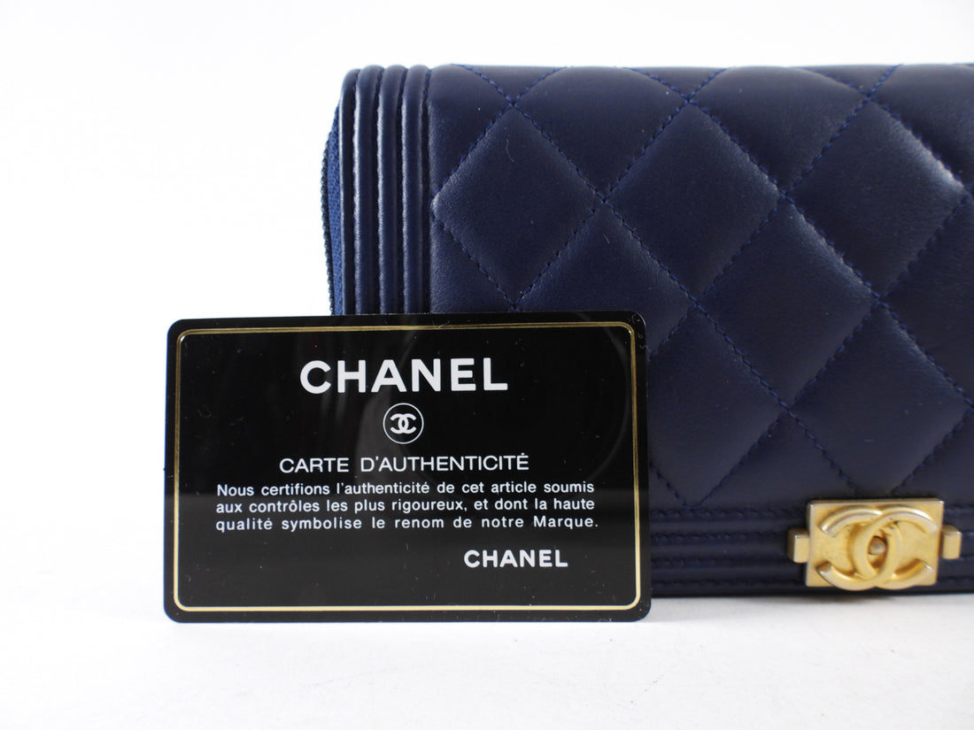 Chanel Dark Blue Lambskin Quilted Boy Zip Around Continental Wallet