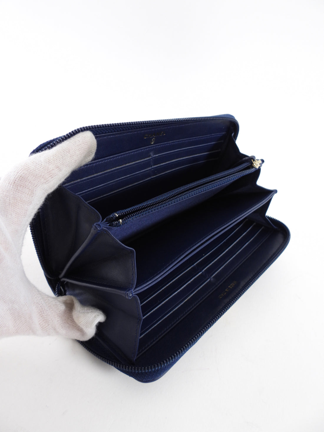 Chanel Dark Blue Lambskin Quilted Boy Zip Around Continental Wallet