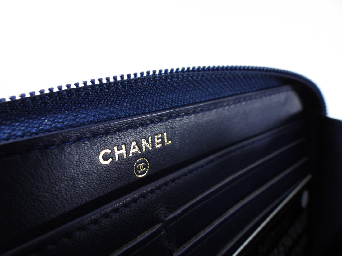 Chanel Dark Blue Lambskin Quilted Boy Zip Around Continental Wallet