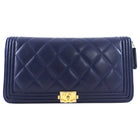 Chanel Dark Blue Lambskin Quilted Boy Zip Around Continental Wallet