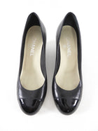 Chanel Black Leather and Patent Cap Toe Wedge Shoes - 38