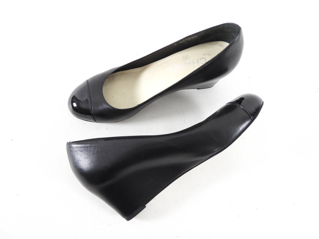 Chanel Black Leather and Patent Cap Toe Wedge Shoes - 38