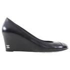 Chanel Black Leather and Patent Cap Toe Wedge Shoes - 38