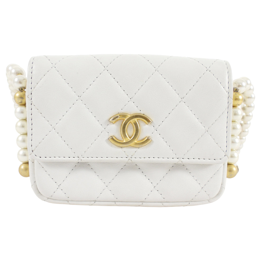Chanel Ivory White About Pearls Mini Card Holder on Strap