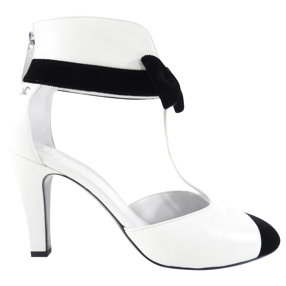 Chanel White Leather and Black Velvet Cut out Cap Toe Ankle Boot - 40C