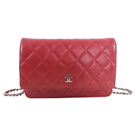 Chanel Red Calfskin Leather Quilted Timeless Wallet on Chain