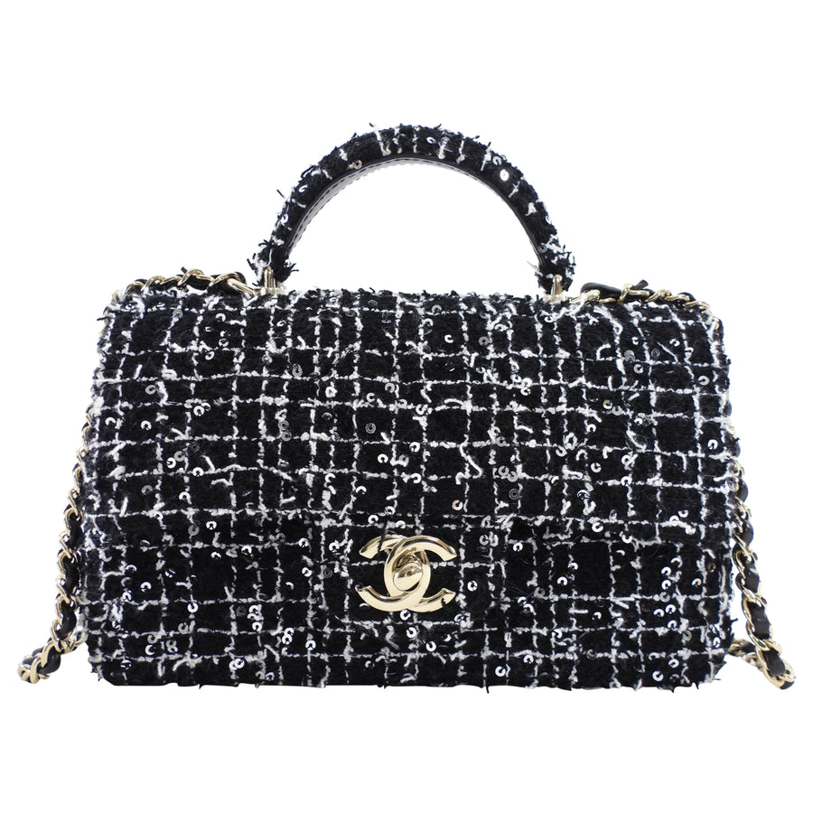 Chanel 24P Black and White Fantasy Tweed Mini Top Handle Chain Bag