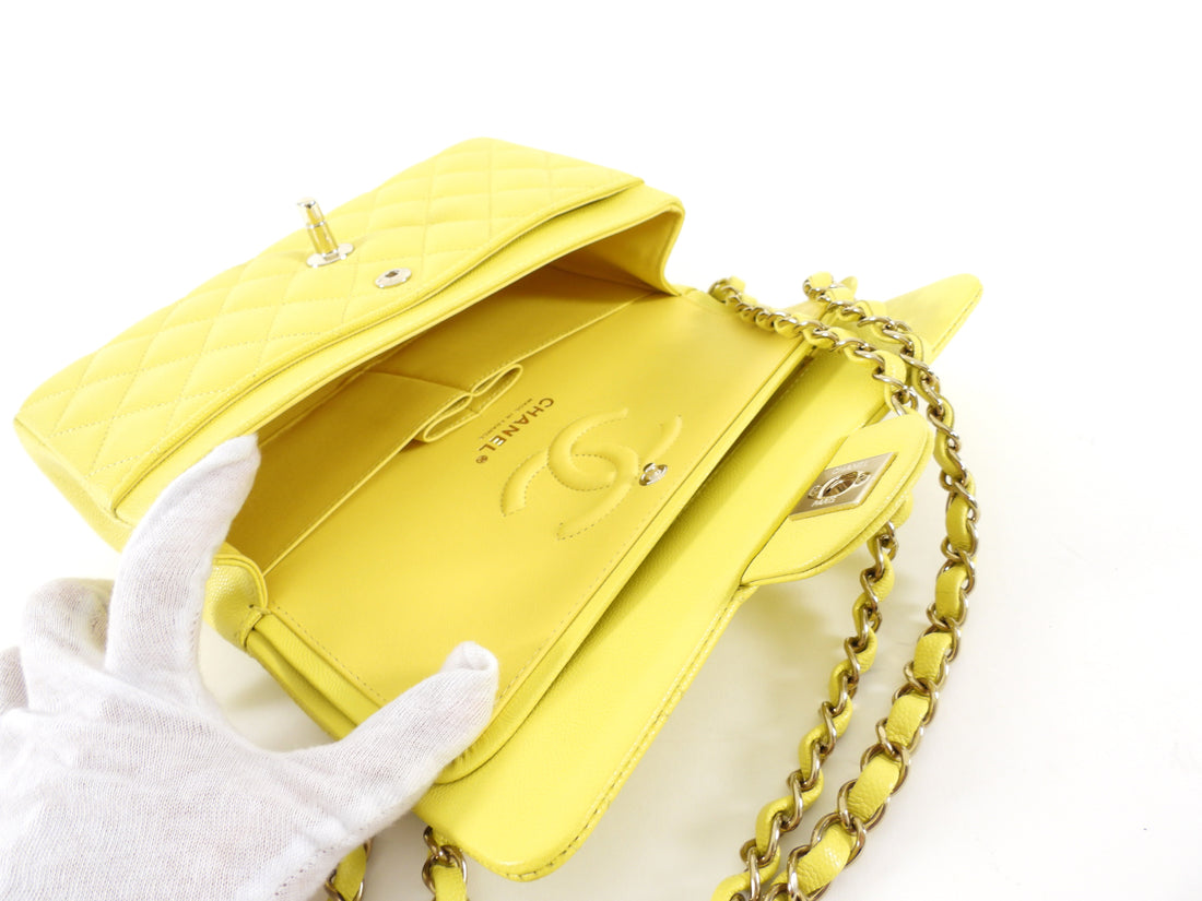 Chanel Lemon Yellow Caviar Leather Small Classic Double Flap Bag LGHW