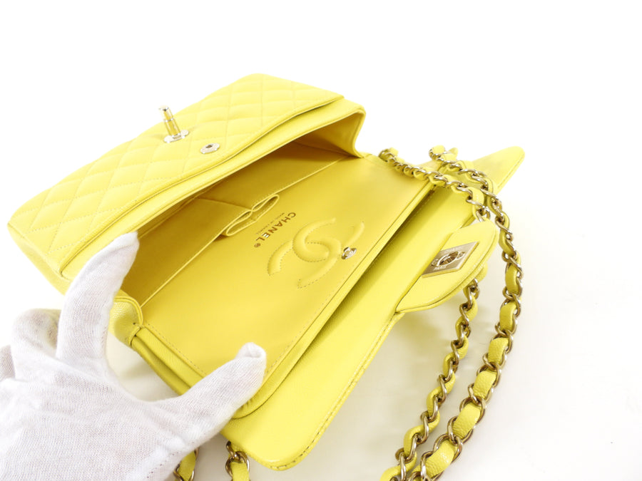 Chanel Lemon Yellow Caviar Leather Small Classic Double Flap Bag LGHW