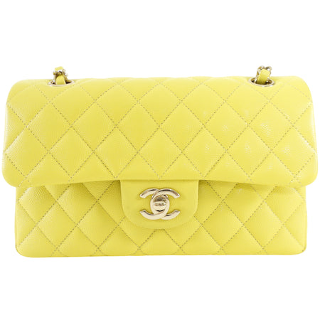 Chanel Lemon Yellow Caviar Leather Small Classic Double Flap Bag LGHW