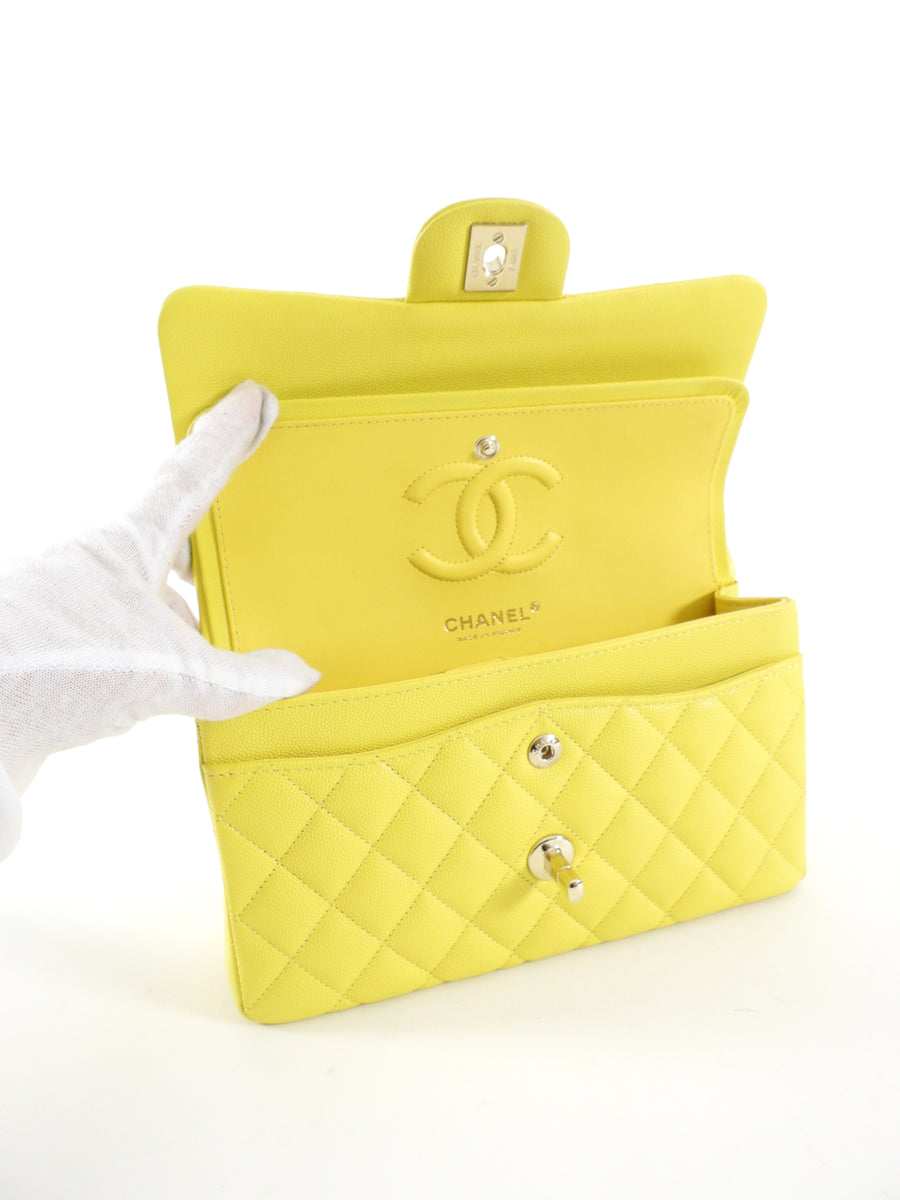 Chanel Lemon Yellow Caviar Leather Small Classic Double Flap Bag LGHW
