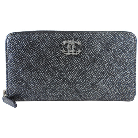 Chanel Black and Silver Leather Quilted CC Zip Continental Wallet