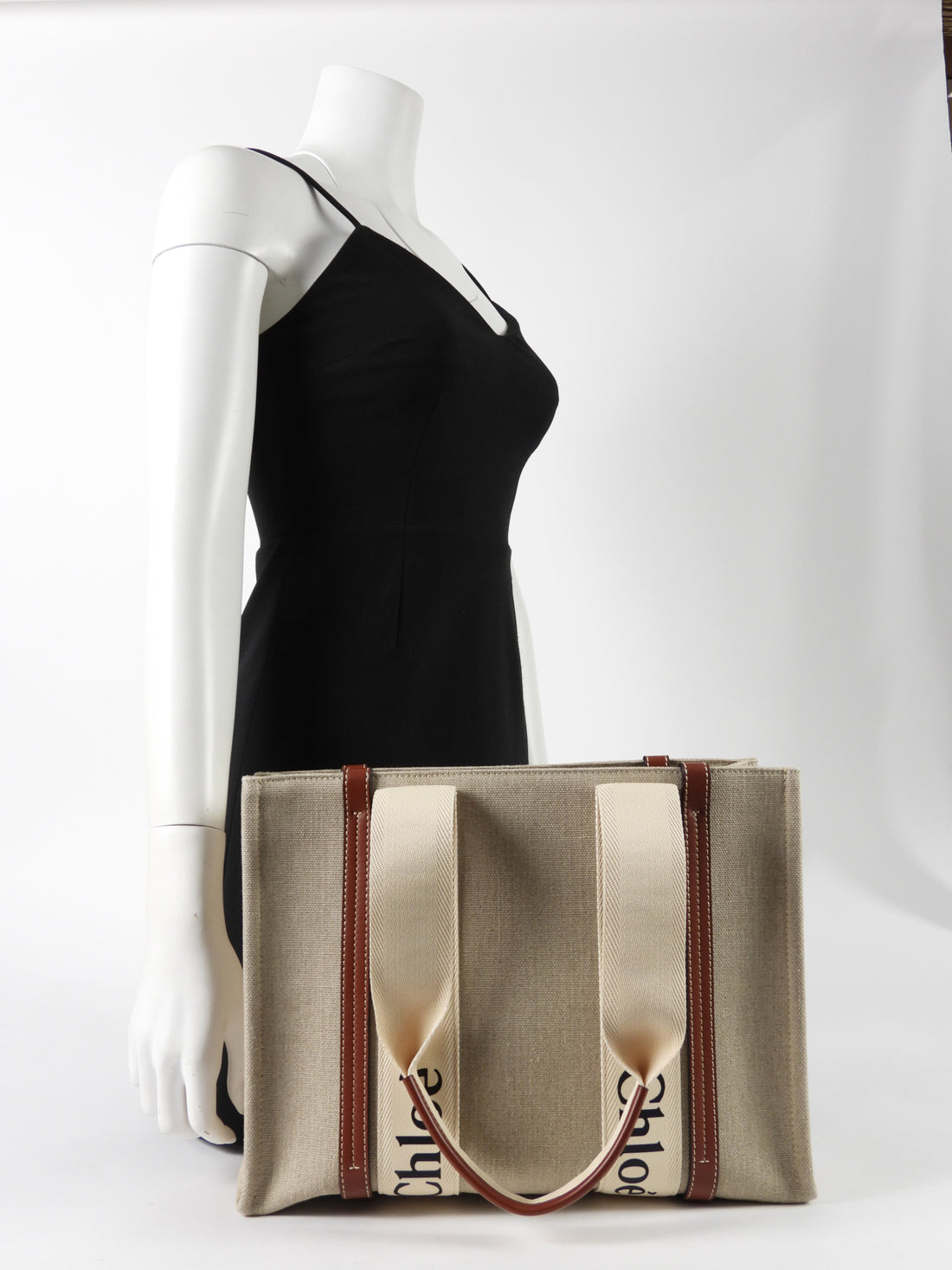 Chloé woody medium leather trimmed cotton canvas tote Clearance