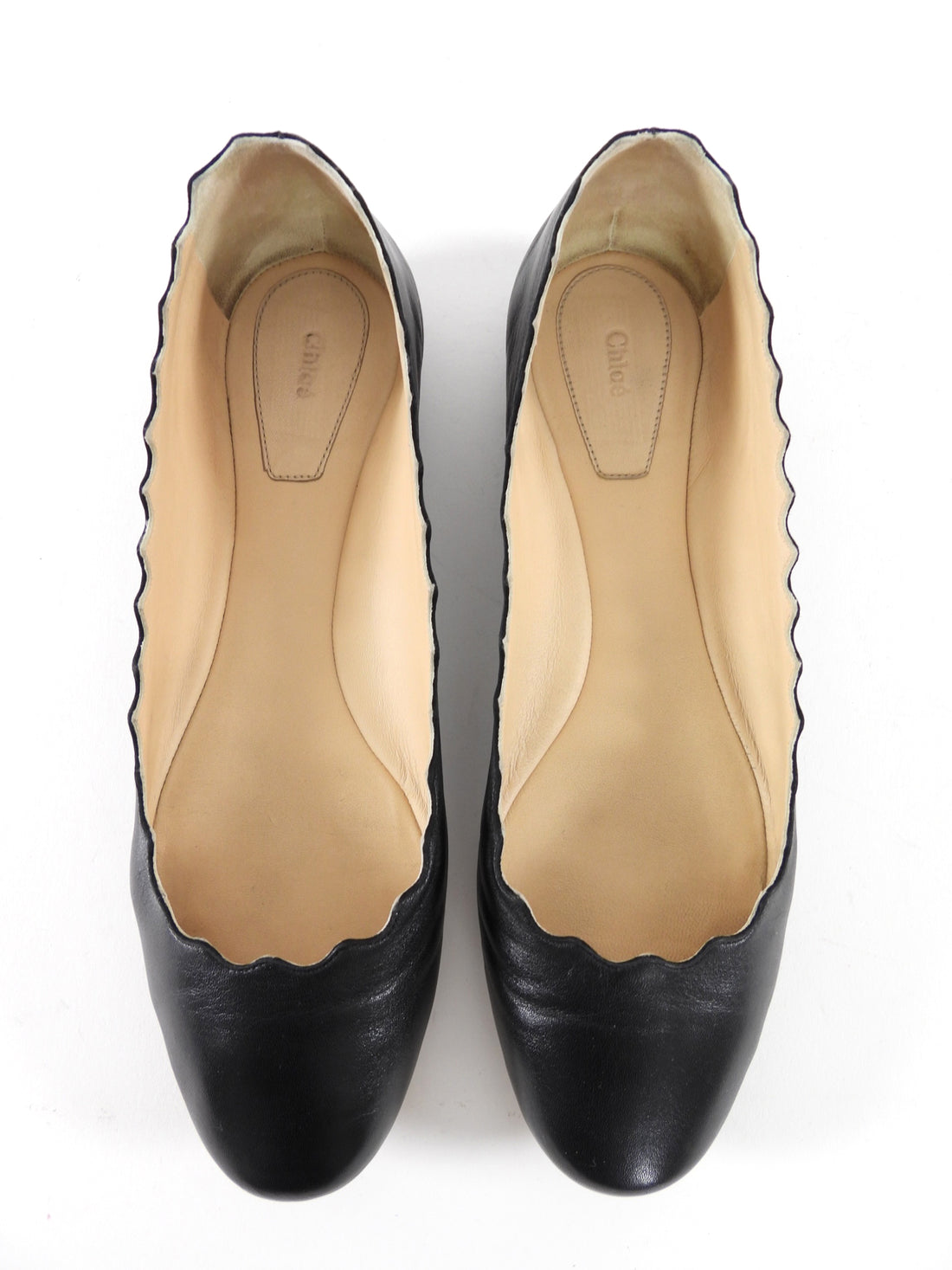 Chloe Black Leather Scalloped Lauren Flat Shoes - 38.5