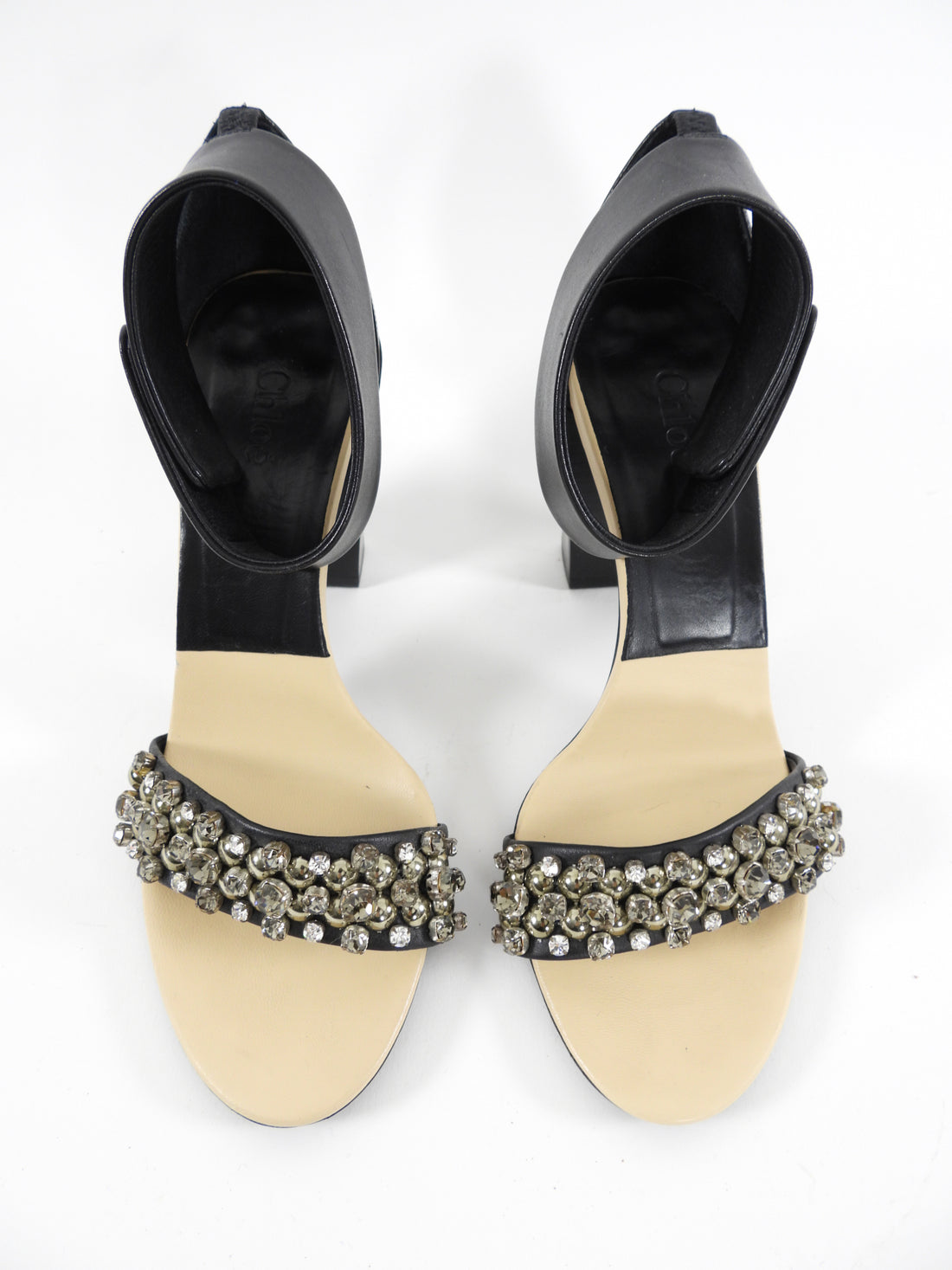 Chloe Black and Nude Jewel Embellished Block Heel Sandal - 38 – I MISS YOU  VINTAGE