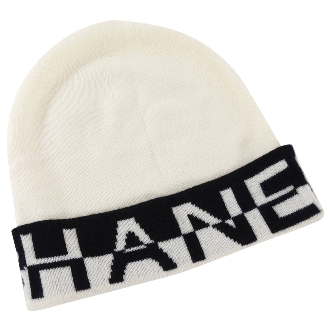 Chanel White and Black Logo Knit Cashmere Beanie Hat