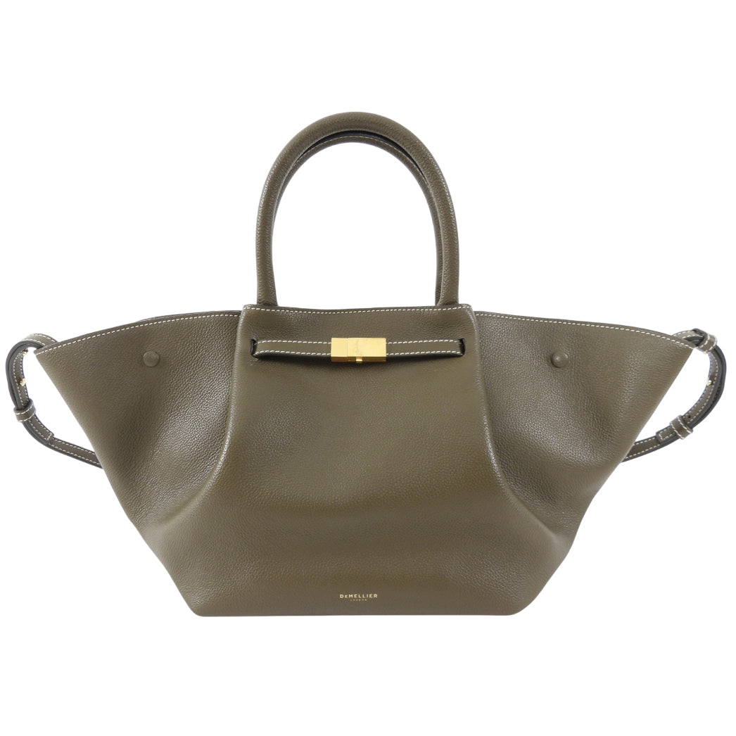 Demellier Dark Khaki  Grained Leather Midi New York Tote Bag