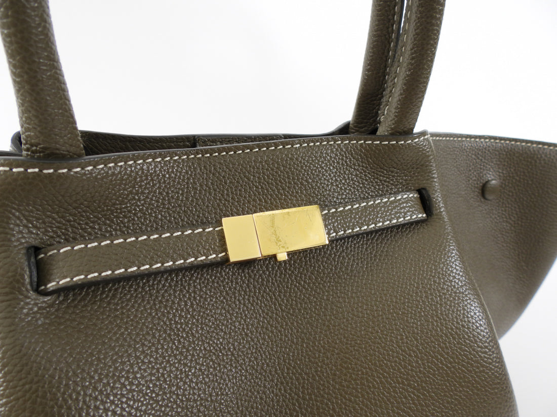 Demellier Dark Khaki  Grained Leather Midi New York Tote Bag