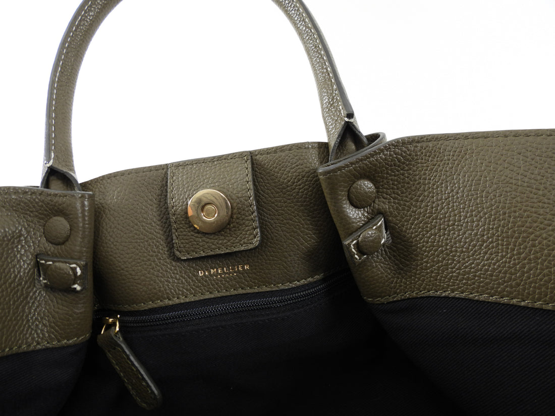 Demellier Dark Khaki  Grained Leather Midi New York Tote Bag