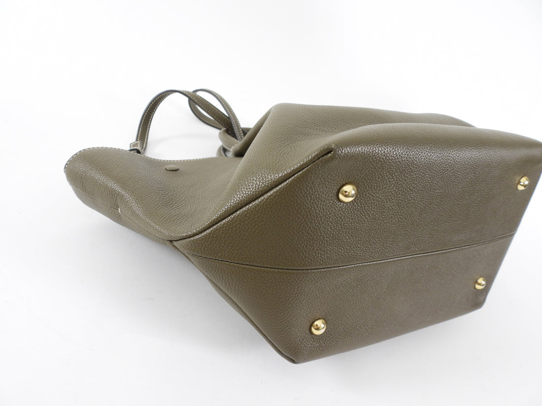 Demellier Dark Khaki  Grained Leather Midi New York Tote Bag