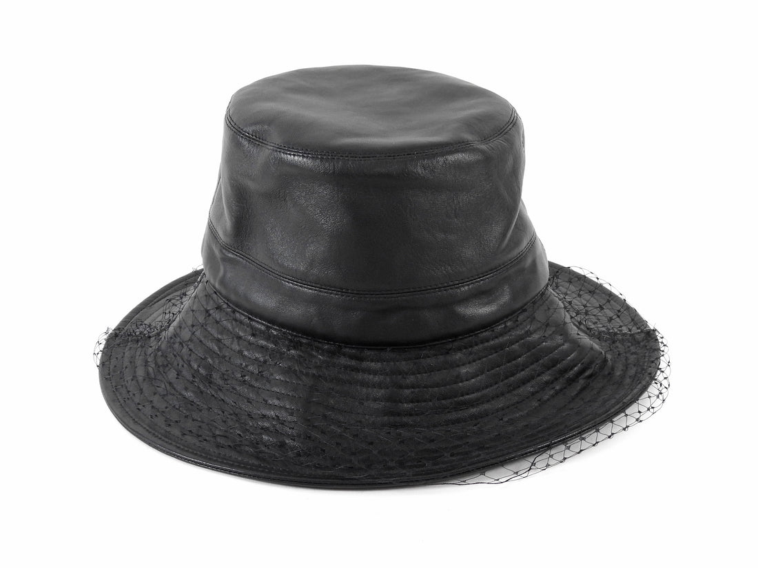 Christian Dior Black Teddy-D Brim Leather Bucket Hat with Veil