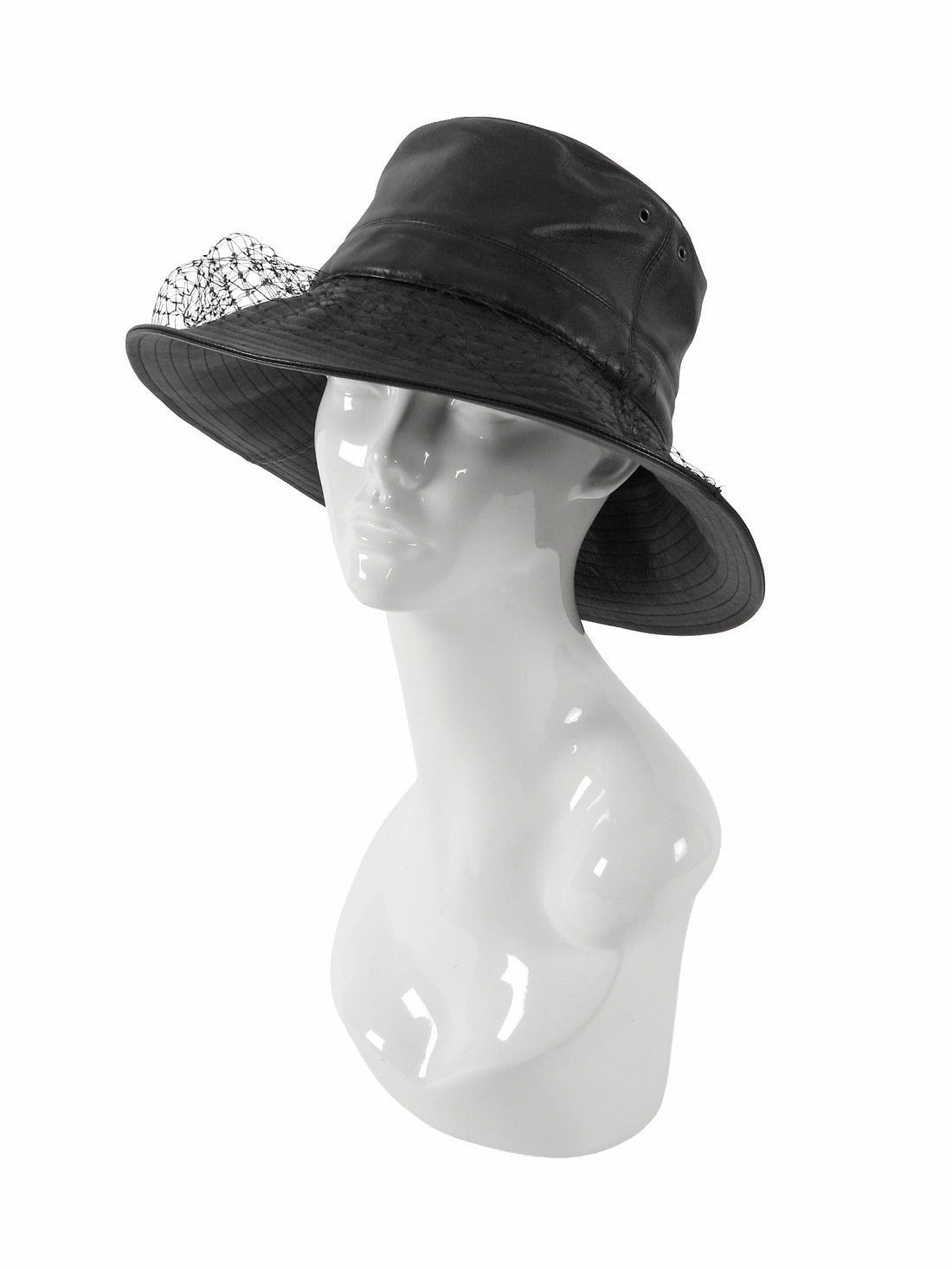Christian Dior Black Teddy-D Brim Leather Bucket Hat with Veil