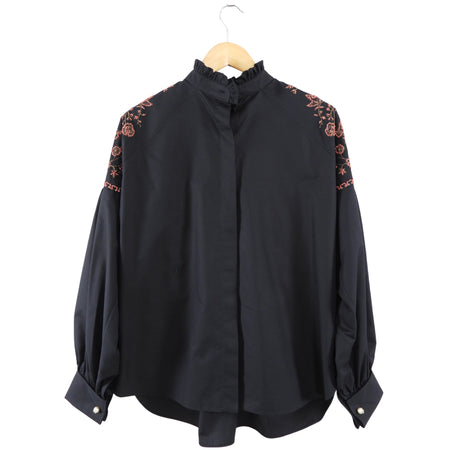 Christian Dior Black Cotton Coral Bead Embroidery Boho Shirt - S / M