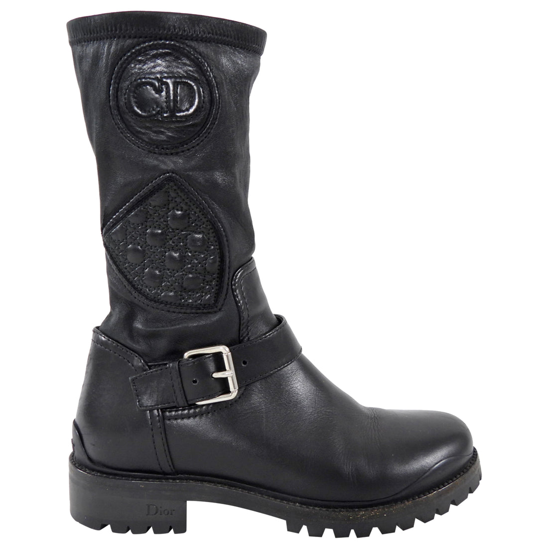 Christian Dior Black Stretch Nappa CD Quilted Moto Boots - 34.5