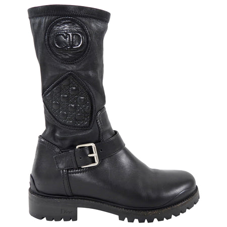 Christian Dior Black Stretch Nappa CD Quilted Moto Boots - 34.5