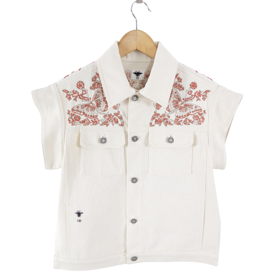 Dior Ivory Denim Jacket with Coral Butterfly Bead Detail - FR38 / 6