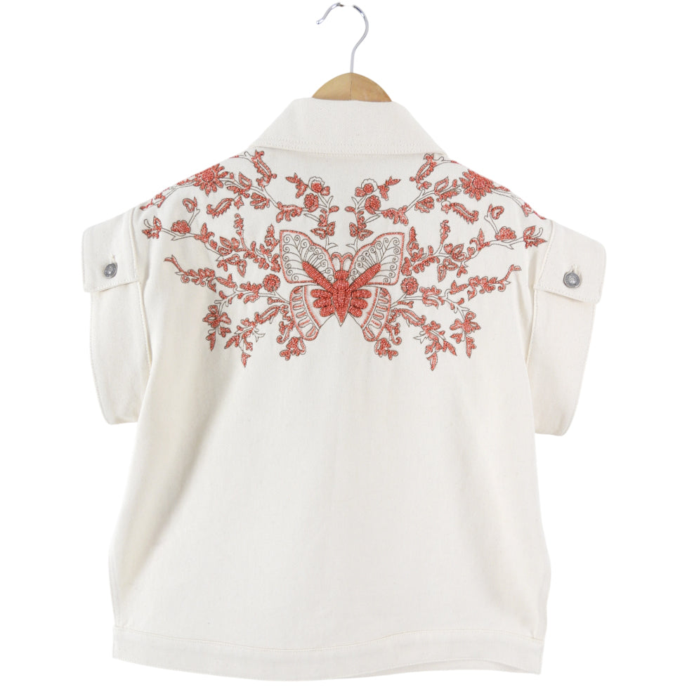Dior Ivory Denim Jacket with Coral Butterfly Bead Detail - FR38 / 6