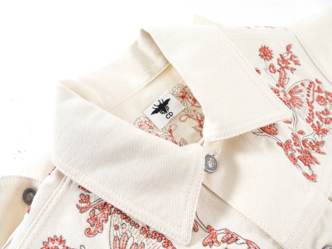 Dior Ivory Denim Jacket with Coral Butterfly Bead Detail - FR38 / 6