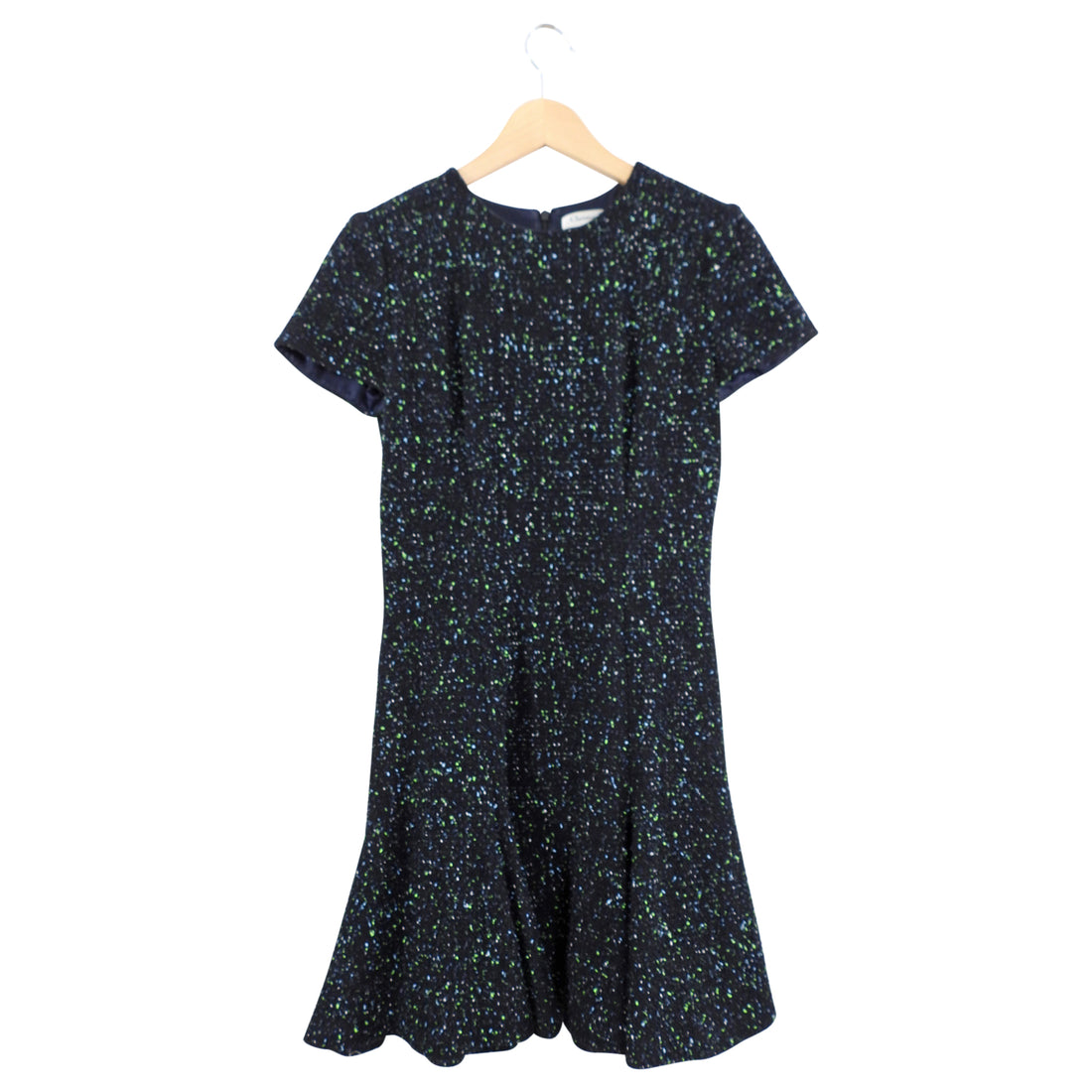 Christian Dior Black and Green Flecked Wool Short Sleeve Dress - USA 6