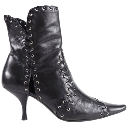 Christian Dior x Galliano Vintage Black Grommet Lace Up Pointy Ankle Boot - 39 / 8.5