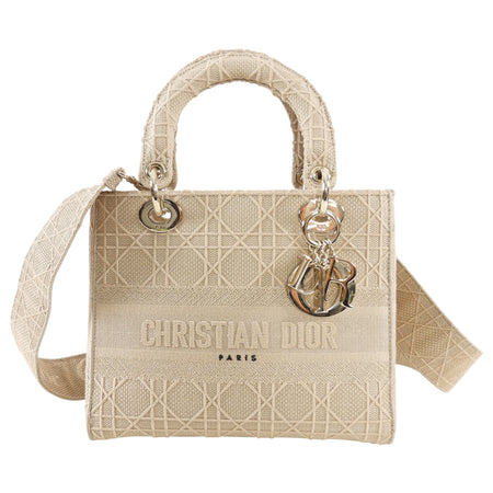 Christian Dior Lady D-Lite Medium Beige Canvas Embroidered Bag