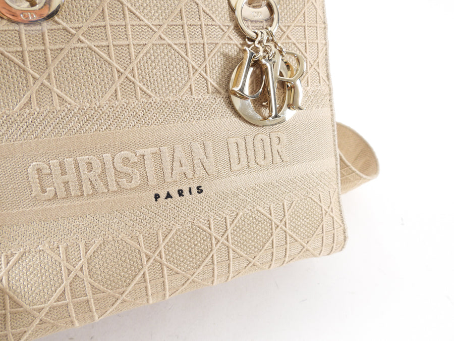 Christian Dior Lady D-Lite Medium Beige Canvas Embroidered Bag