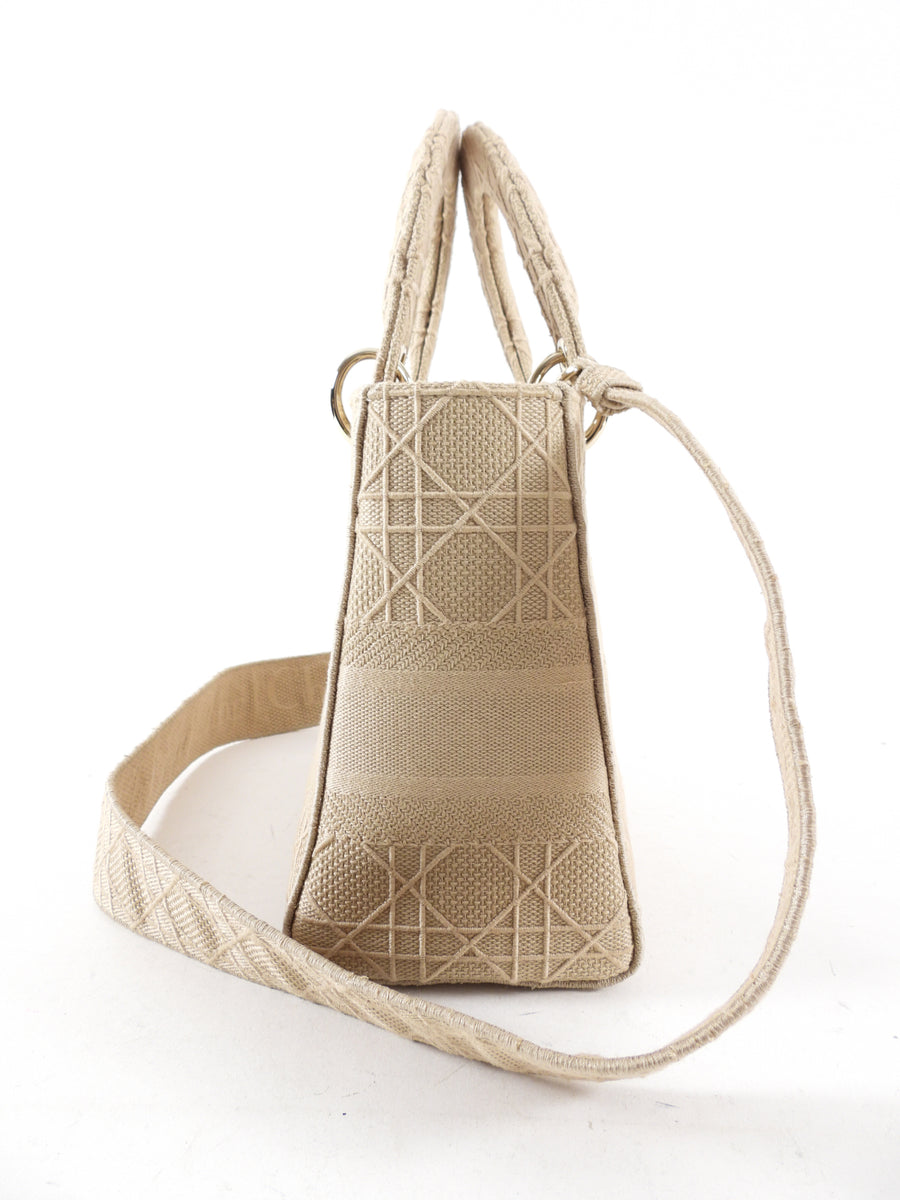 Christian Dior Lady D-Lite Medium Beige Canvas Embroidered Bag