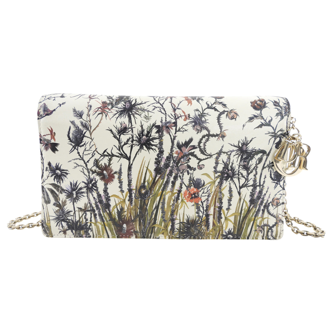 Dior Lady Dior Ivory Leather Floral Pouch Wallet on Chain