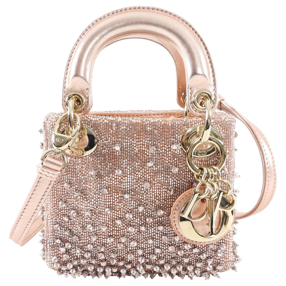 Dior Lady Dior Pink Metallic Leather Bead Crystal Embroidered Micro Bag