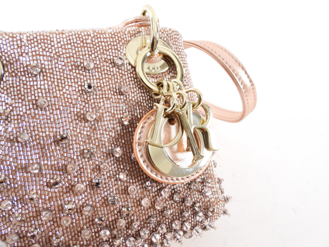 Dior Lady Dior Pink Metallic Leather Bead Crystal Embroidered Micro Bag