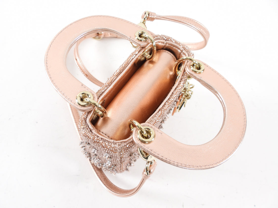 Dior Lady Dior Pink Metallic Leather Bead Crystal Embroidered Micro Bag