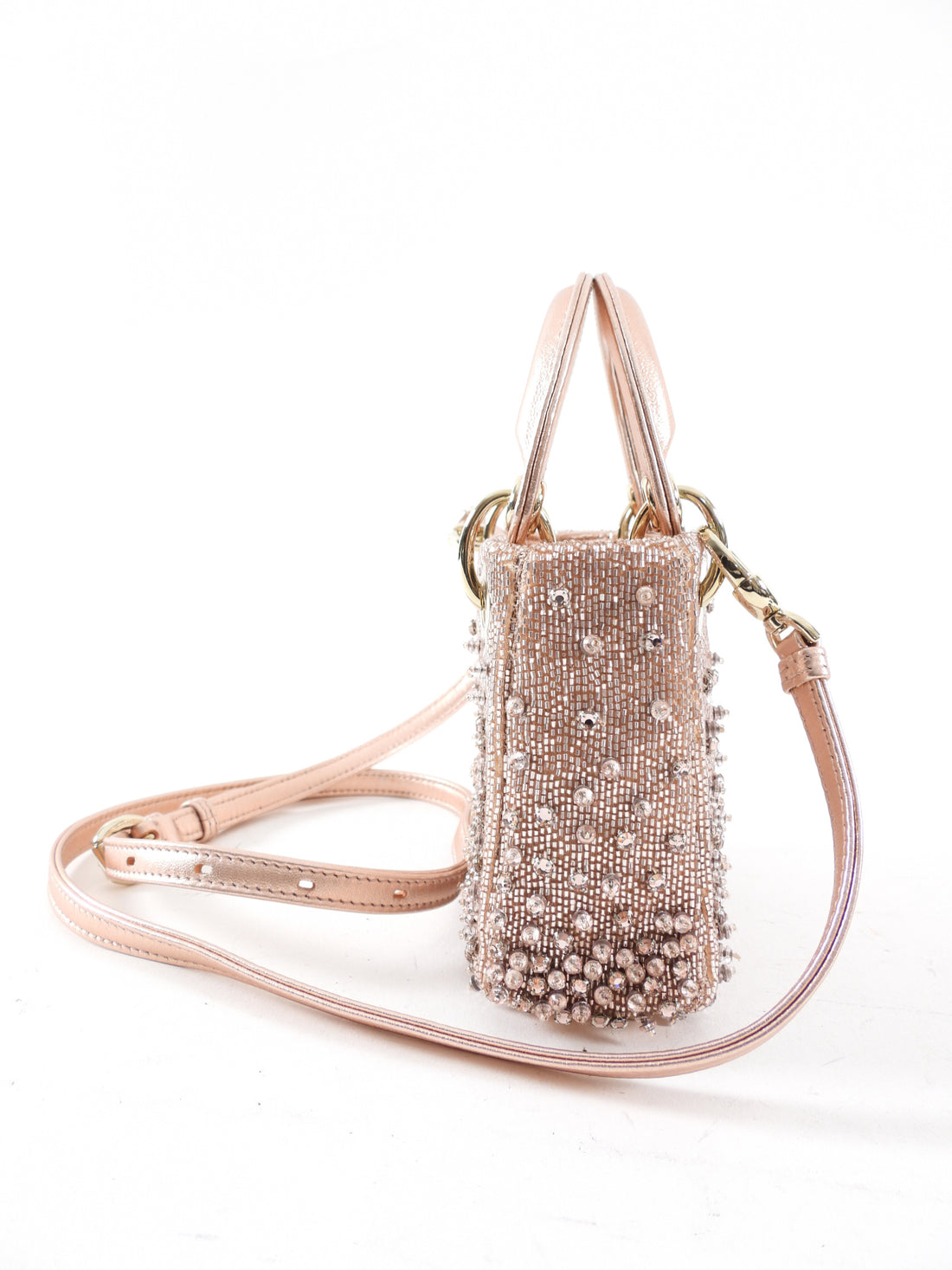 Dior Lady Dior Pink Metallic Leather Bead Crystal Embroidered Micro Bag