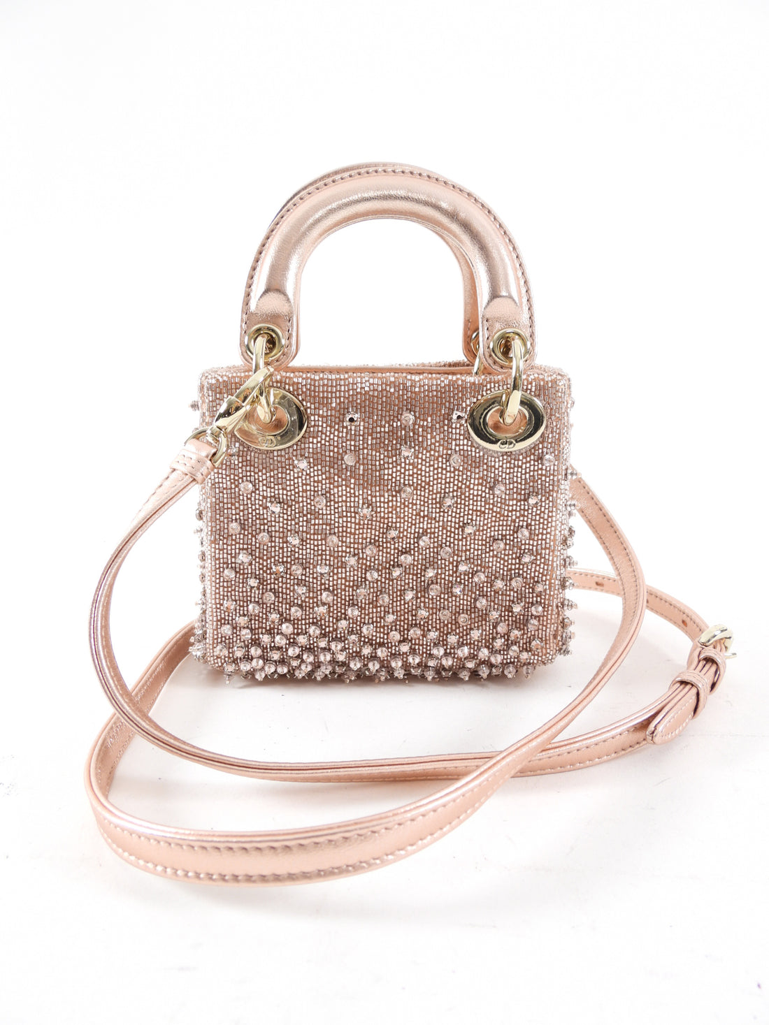 Dior Lady Dior Pink Metallic Leather Bead Crystal Embroidered Micro Bag